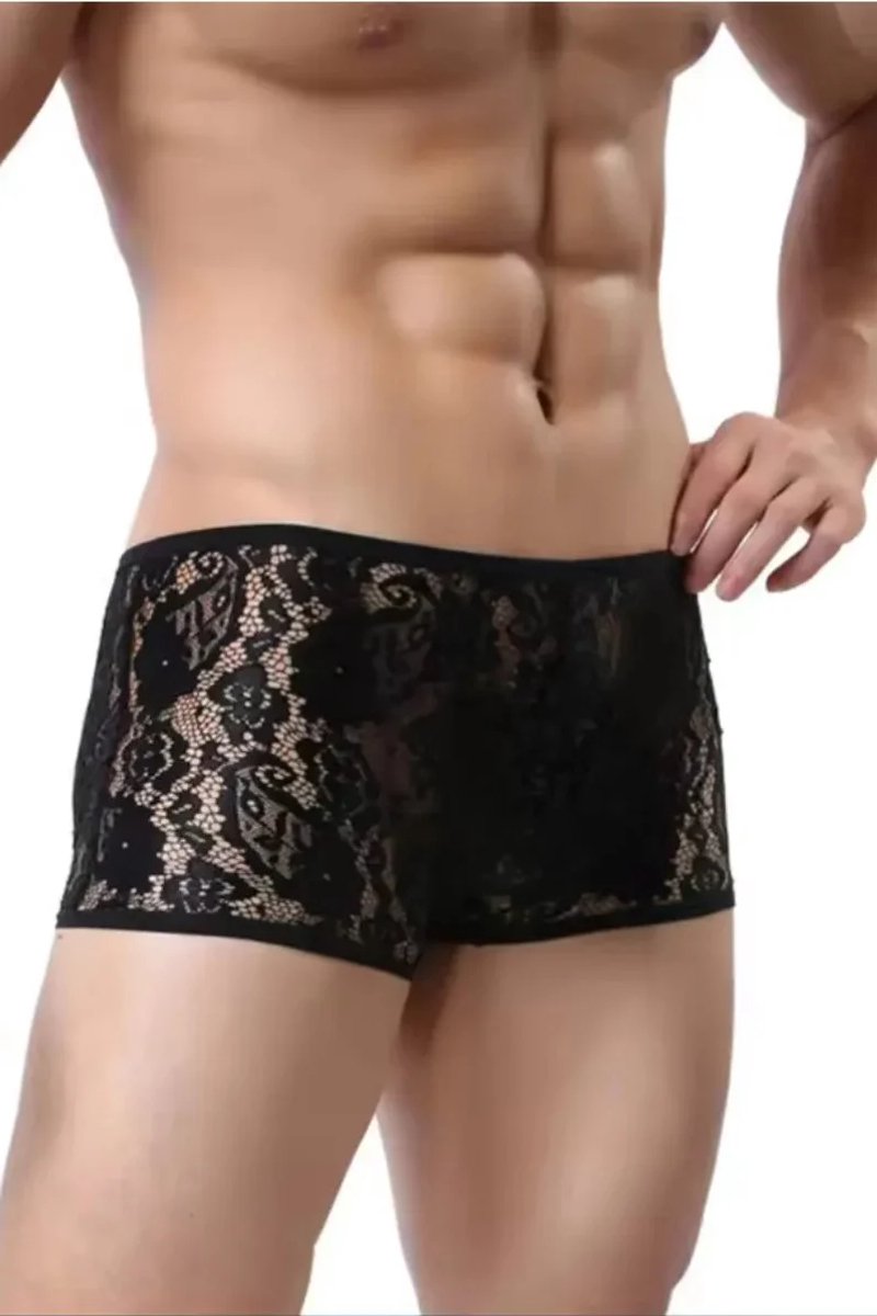 Zwarte Transparante Kanten Boxershort voor Heren in Maten XS S M L XL Comfortabele Herenondergoed met Elegant Kantwerk