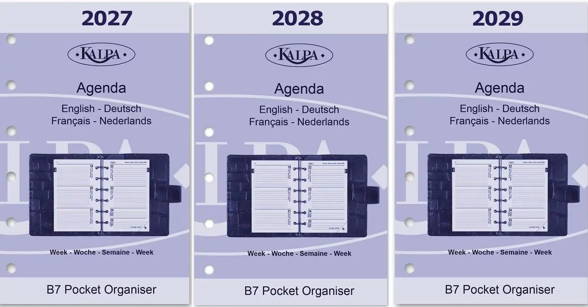 Kalpa 6236-27-28-29 Pocket-agendavulling 2027 2028 2029 – 1 week op 2 pagina's, EN/DE/FR/NL