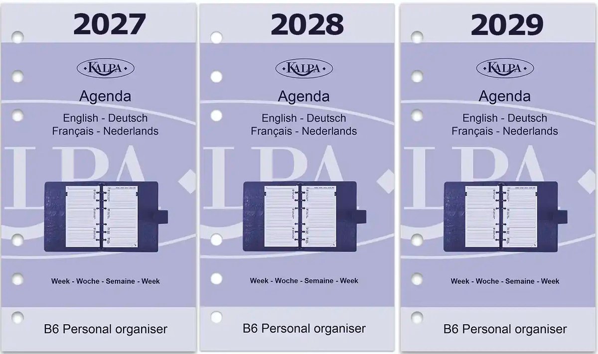 Kalpa 6316-27-28-29 Personal-agendavulling 2027 2028 2029 – 1 week op 2 pagina's met extra's, EN/DE/FR/NL