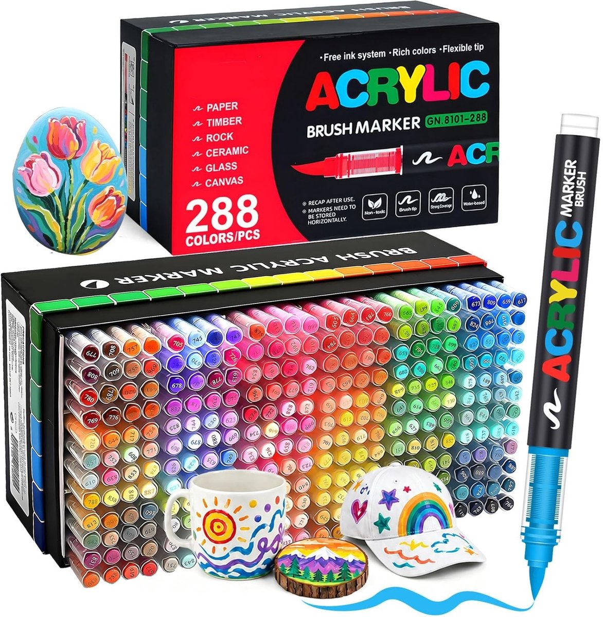 Acrylverf Pennen Set - 288 Kleuren - Flexibele Penseelpunten - Watervaste Verfstiften voor Volwassenen