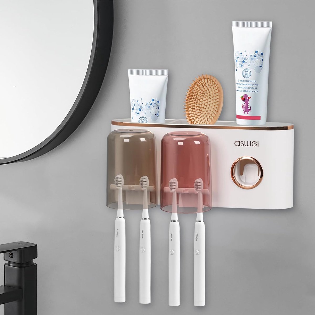 SnelShoppen - Tandenborstelhouder Wand Tandpasta Dispenser met 2 Bekers, Zonder Boren, Opbergruimte voor Kinderen en Gezinnen, Houdt 4 Tandenborstels