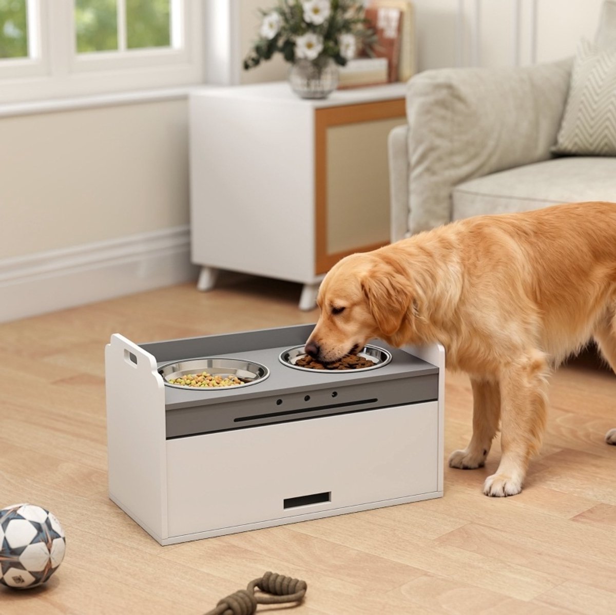 REDOM - Verhoogde hondenvoerbak met opbergkast - Dubbele RVS schalen met anti-slip - Slow feeder en standaard kom - Voor grote honden - Wit - 60 x 30 x 35,5 cm