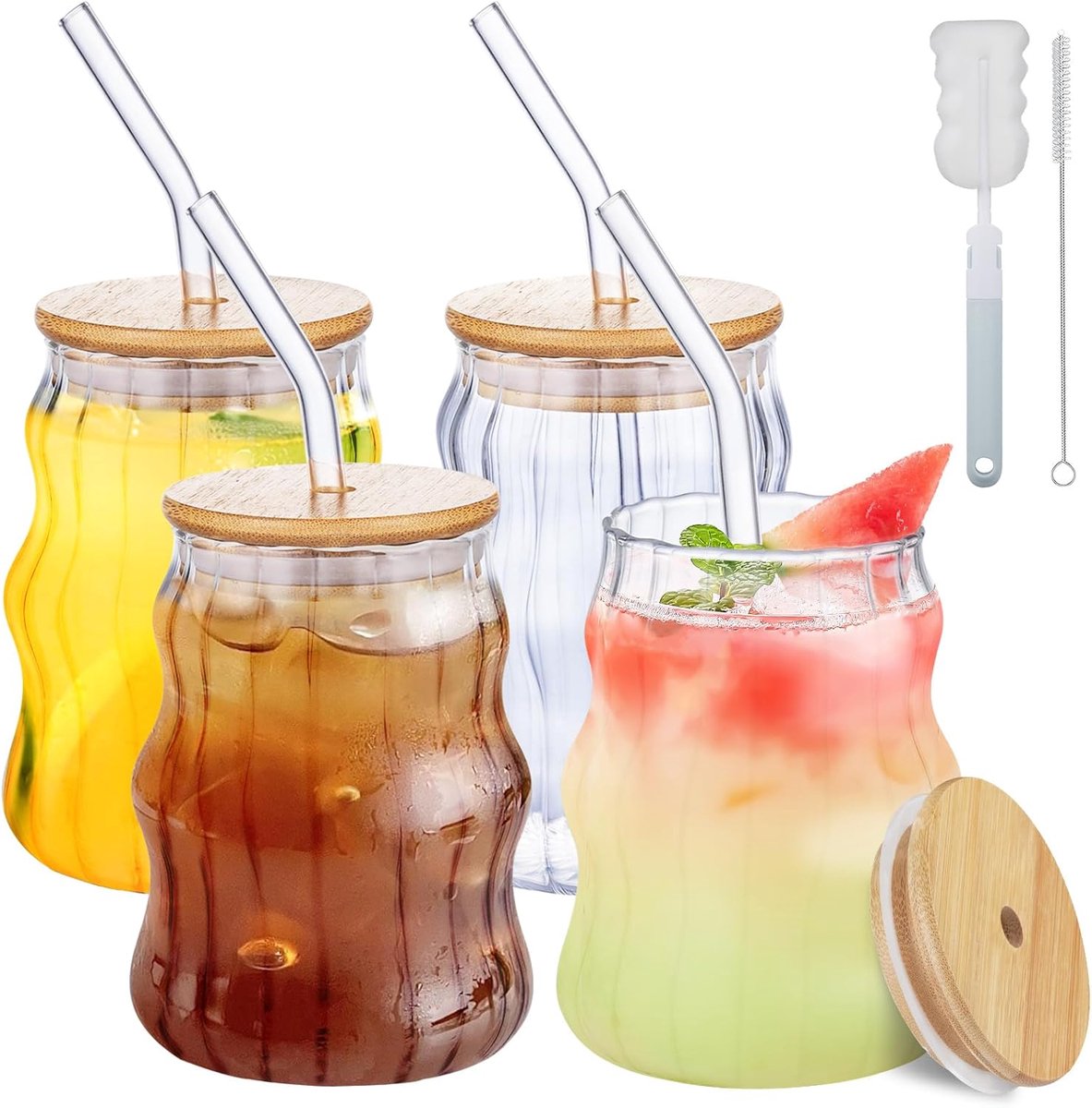 SnelShoppen - 4 Stuks Drinkglazen met Glazen Rietjes en Bamboe Deksel, 530ml Iced Coffee Glazen, Wave Tumbler voor Ijskoffie, Bier, Sap, Cocktails, Me