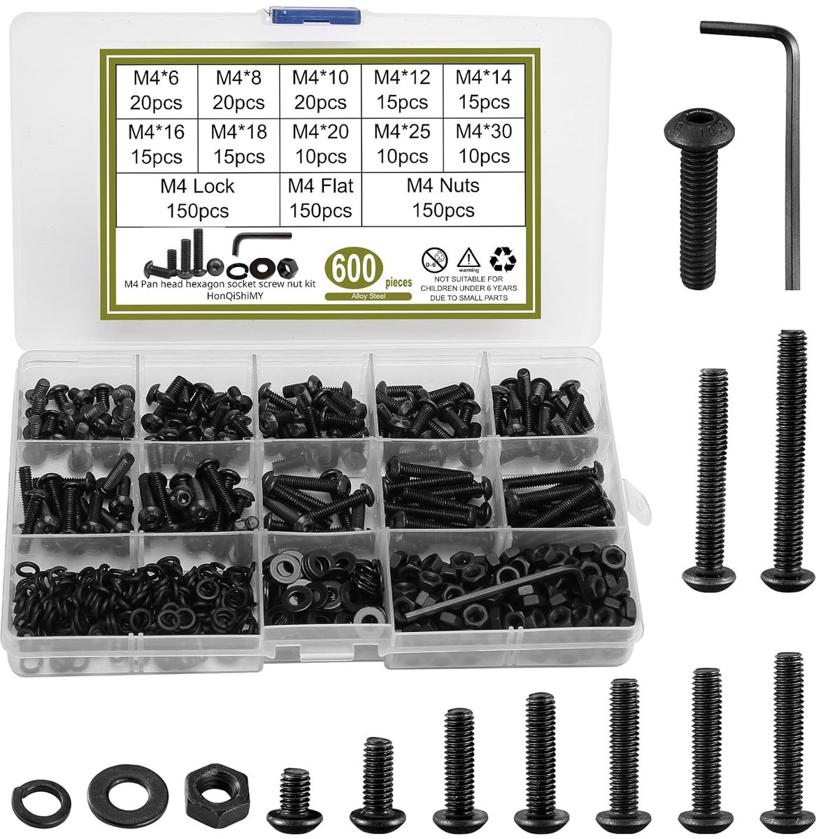 M4 schroefset 600pcs - complete assortimentschroeven - met moeren en ringen - ideaal voor meubel- en houtwerk - ShopVlot