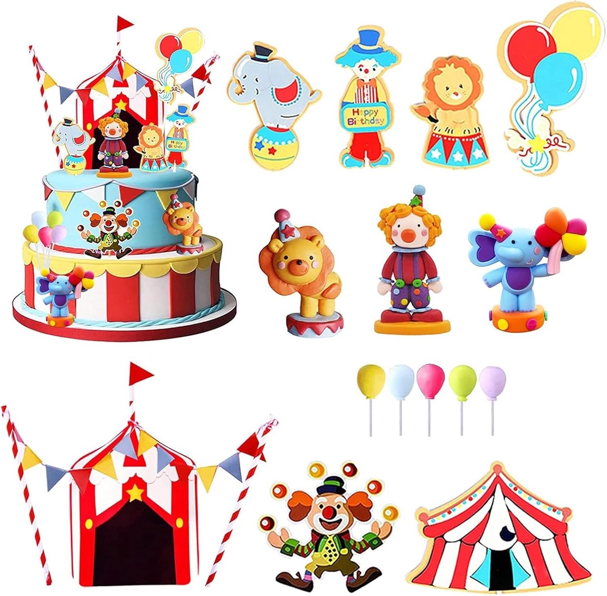 SnelShoppen - Circus Cake Toppers Set - 24 Delige Decoratie met Leeuw, Olifant, Clown, Sterren en Ballonnen voor Verjaardagsfeest, Carnaval en Circus