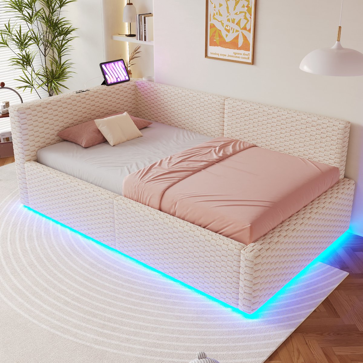 REDOM - Slaapbank met opbergruimte - Hydraulisch bedframe - LED-verlichting en 2 USB-poorten + 1 Type-C aansluiting - Velours - Woonkamer - Stof - Beige - 90 x 200 cm
