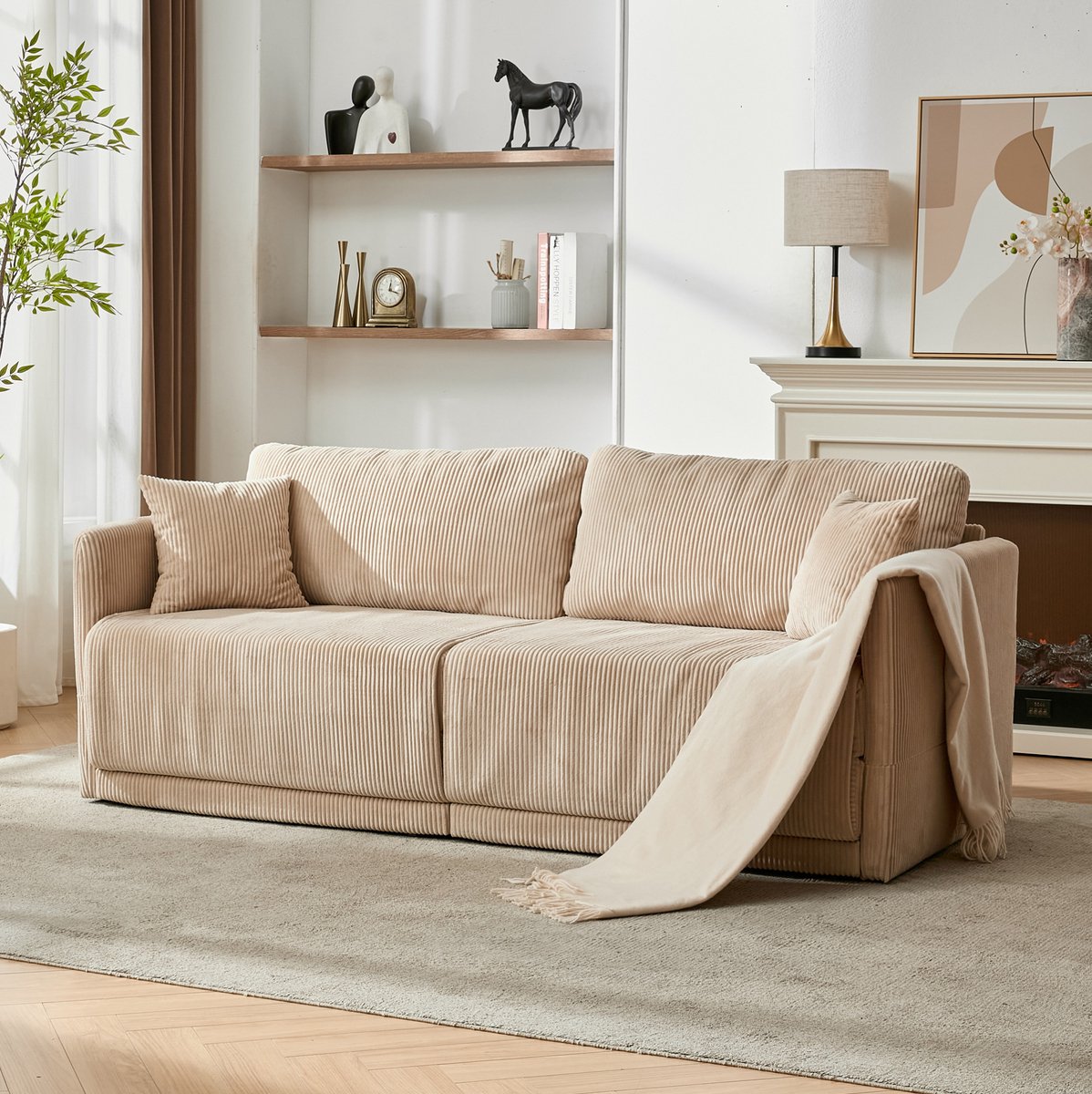 FloraGrace Slaapbank 2-Zits - Met Slaapfunctie - Moderne Minimalistische Corduroy Bank Voor Woonkamer, Kantoor En Studio - Polyester - Beige