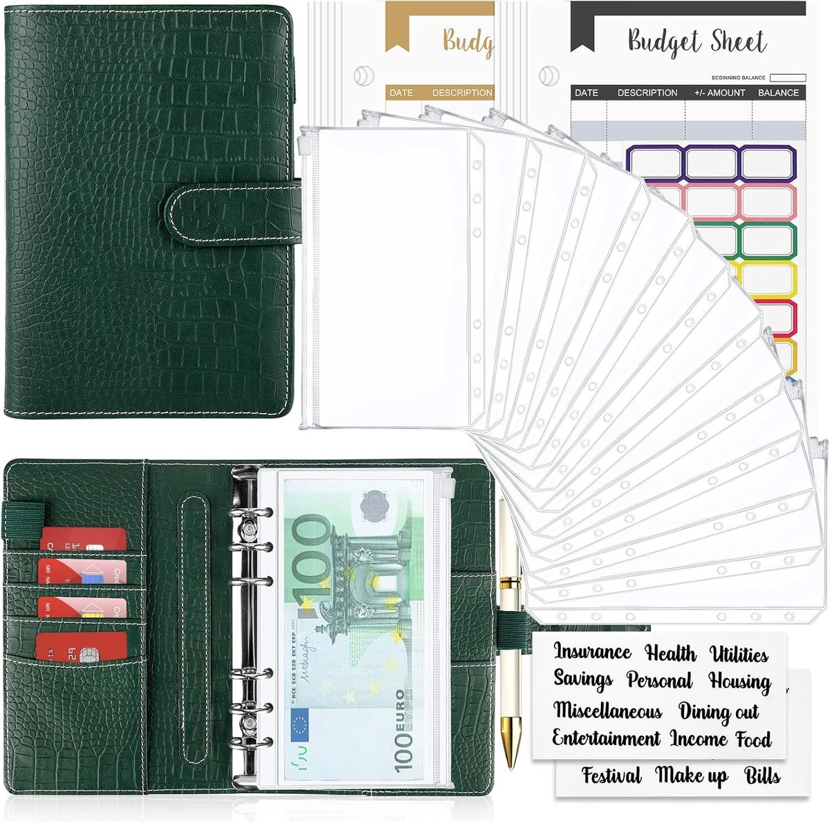 Budget Planner A6 - Geld Organiser met Zachte Tas en Notitieboek voor Cash Stuffing en Huishoudboek met Compartimenten
