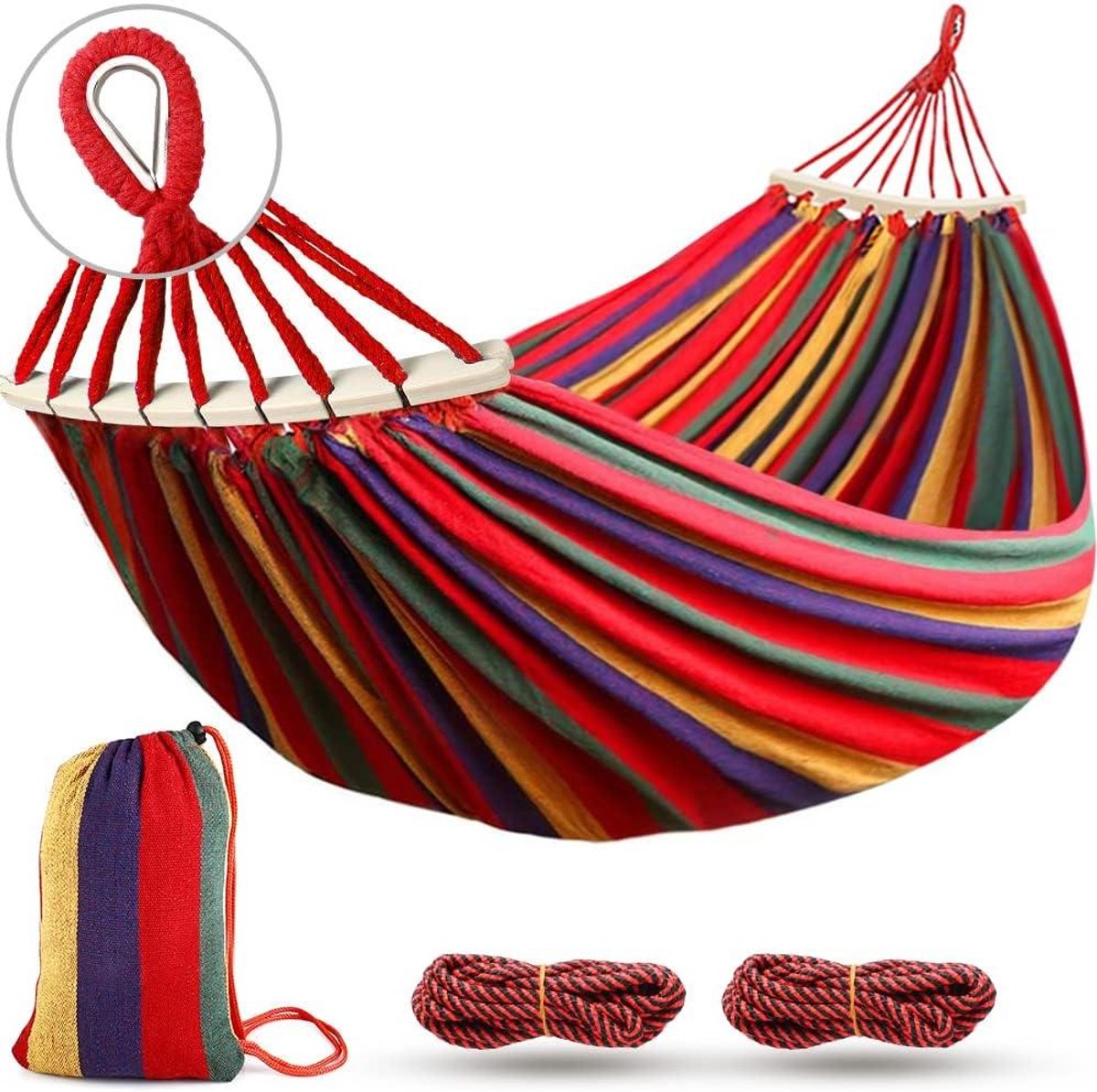 Hangmat met spreidstangen - Canvas hangmat - Buiten ontspannen - Anti-rollover ontwerp - 285 x 155 cm - Rood