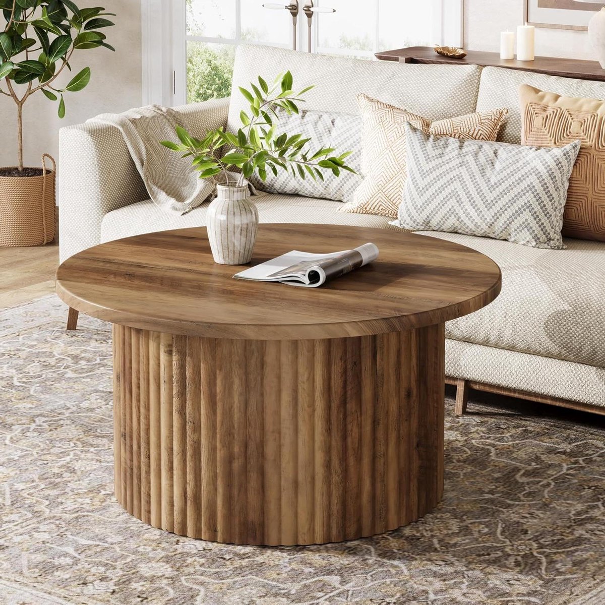 Ronde Salontafel - Midden Tafel - Woonkamer Decoratie - Houten Fineer Blad - 80 cm - Bruin