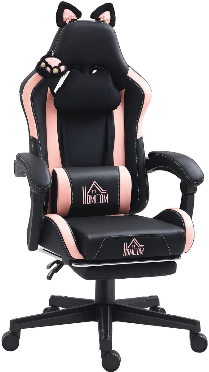 Gamingstoel - Bureaustoel met Kattenoren - Ergonomische Gamerstoel - Kantelfunctie 135 Graden - PU Kunststof - Zwart - 65x62x124 cm - Verstelbare Zithoogte - Voetensteun en Lendenkussen