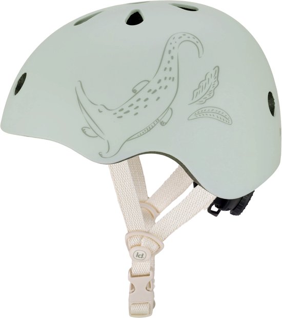 Lichtgroene kinderhelm met krokodillen- en veerprint. Witte bandjes met gesp.