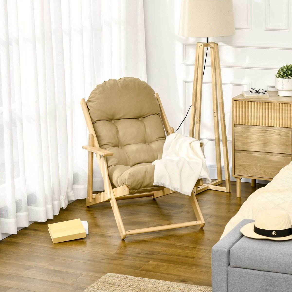 MIVRAY Relaxfauteuil 71 x 89 x 96 cm - Klapbaar Met 3 Standen Rugleuning - Voor Woonkamer Slaapkamer En Kantoor - Stof Beukenhout - Bruin