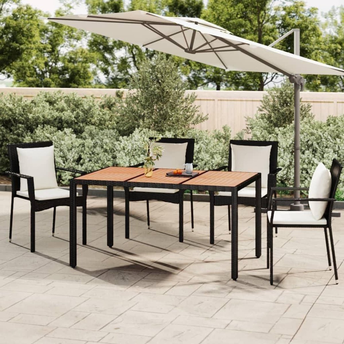 Tuintafel Houten Plaat - Buitentafel Polyrotan - Buiten Eten - Stabiel Stalen Frame - 150 x 90 x 75 cm