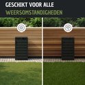 Zwarte containerombouw in zon en regen, met iconen voor weersbestendigheid.