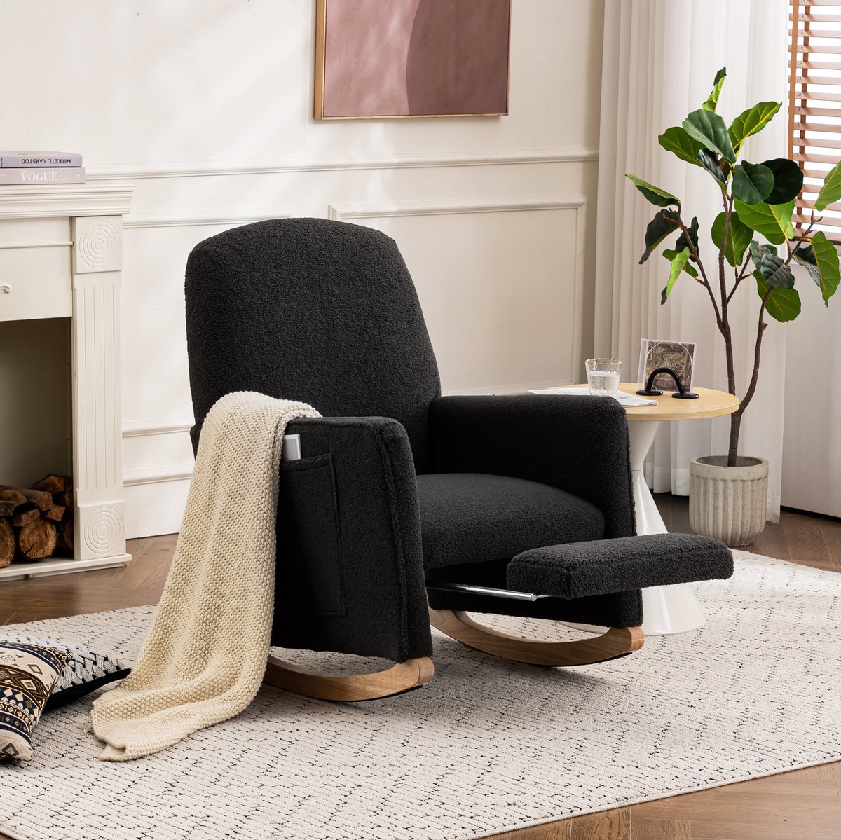 DESMIU Fauteuil 67 x 96 x 98 Cm - Schommelstoel Met Hocker En Hoge Rugleuning - Voor Woonkamer En Binnengebruik - Teddy Stof Donkergrijs