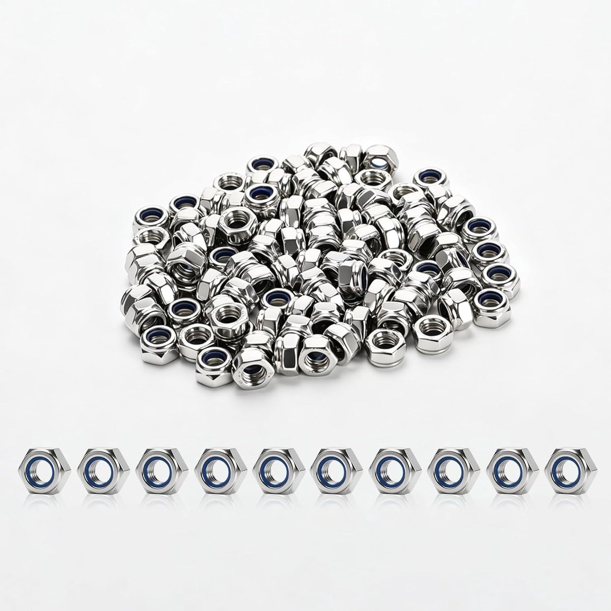 Assortiment van 100 stuks M6 borgmoeren, zelfborgende zeskantmoeren met nylon inzetstuk, roestvrij staal, ideaal voor constructie en reparatie, corrosiebestendig