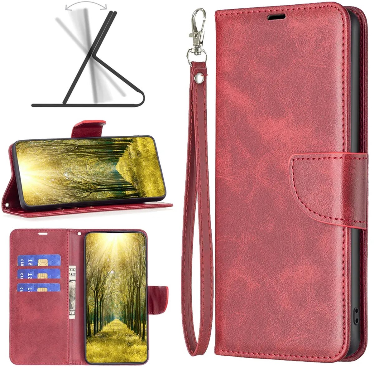 MobyDefend Hoesje - Geschikt voor Motorola Moto G37 / G37 Power / G47 - Wallet Book Case Met Koord - Rood