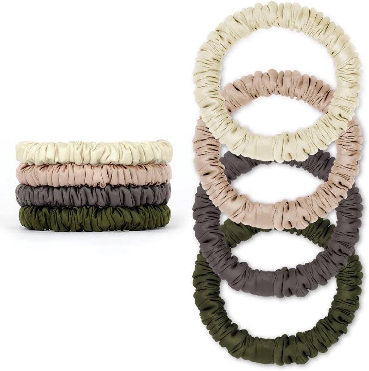 Zijde Satijnen Scrunchies Set van 4 - Elastische Haaraccessoires voor Ponytails, Geen Beschadiging, Ideaal voor Alle Haartypes (Beige, Champagne, Coffee, Groen)