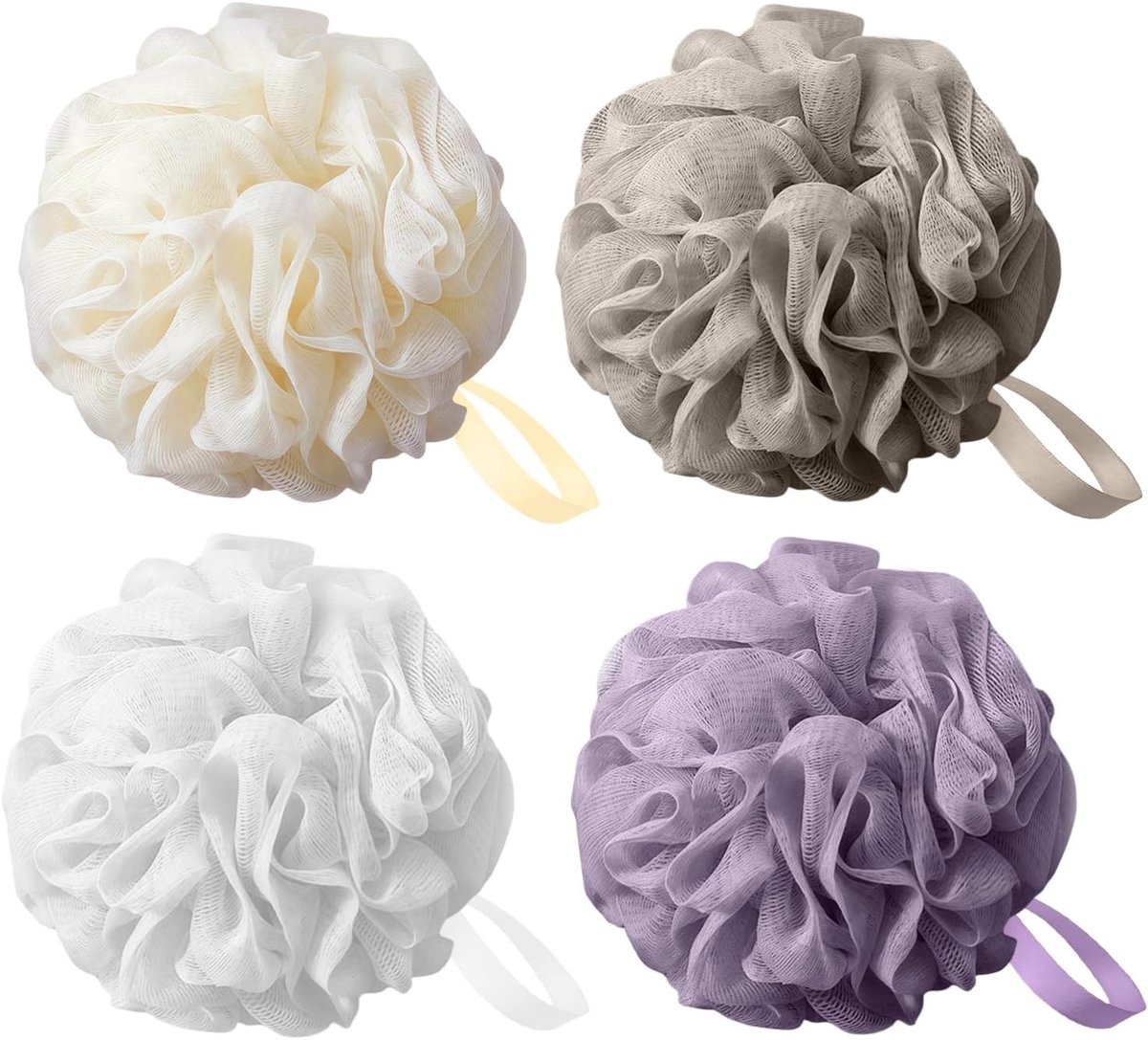 4 Stuks Bad Spons Set, 60g Douche Loofah Ballen, Extra Grote Schuim Spons voor Lichaamsreiniging, Exfoliatie en Peeling (Lilac + Beige + Wit + Grijs)