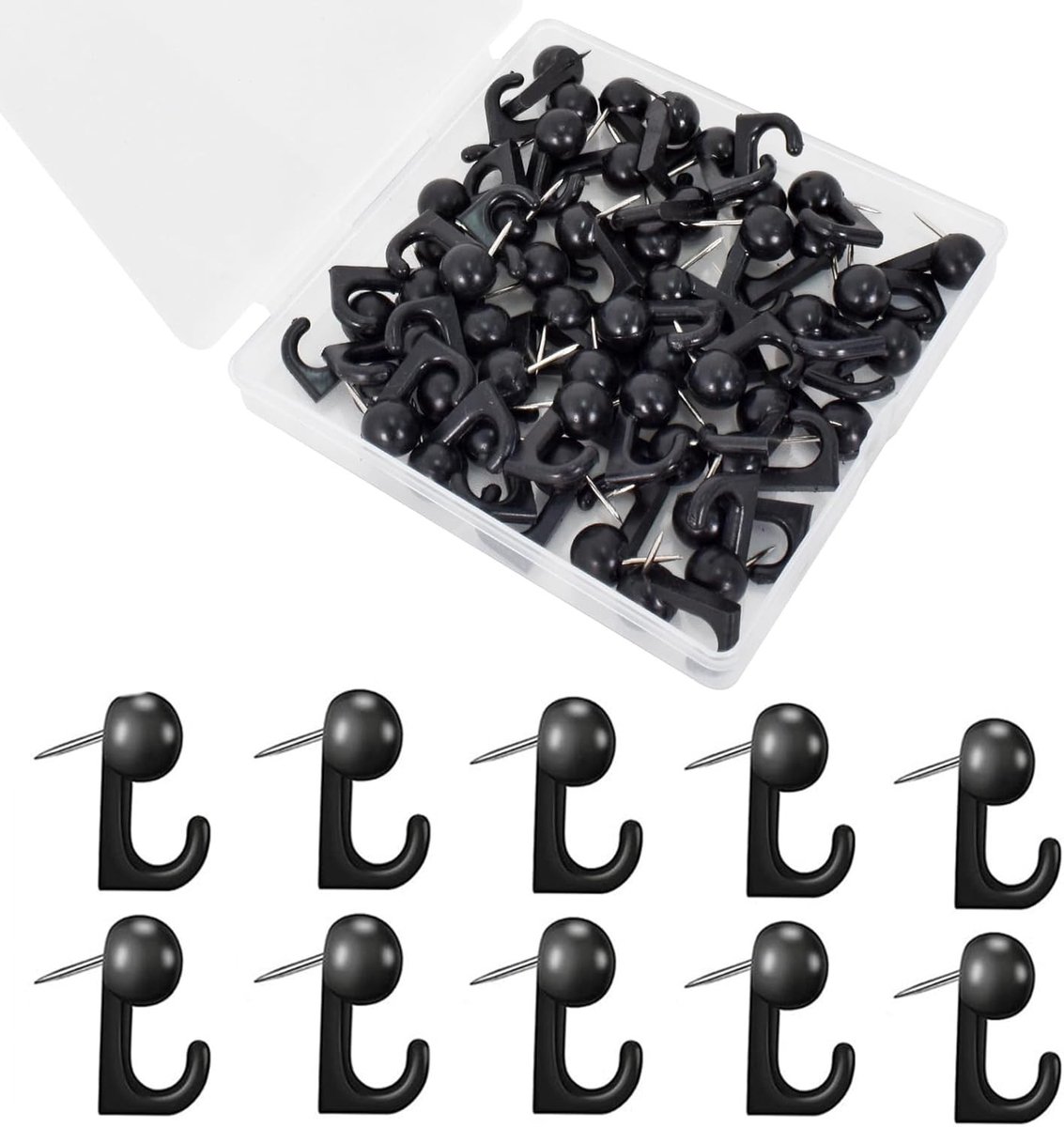 50 Stuks Plastic Duimspijkers met Haakjes voor Kantoor, School en Thuisdecoratie - Duurzame en Veelzijdige Thumbtacks in Zwart