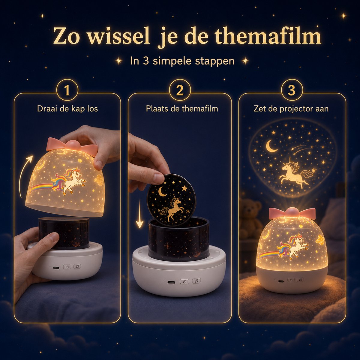 Sercano Eenhoorn Sterrenhemel Projector - Bluetooth Speaker - Nachtlampje Kinderen - 6 Thema's - Oplaadbaar - 5 uur Gebruiksduur - Schattig Cadeau – foto 8
