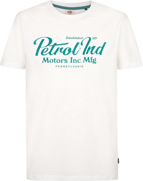 Wit T-shirt met Petrol Industries logo in groenblauw en 'Established '89 Motors Inc. Mfg. Pennsylvania'.