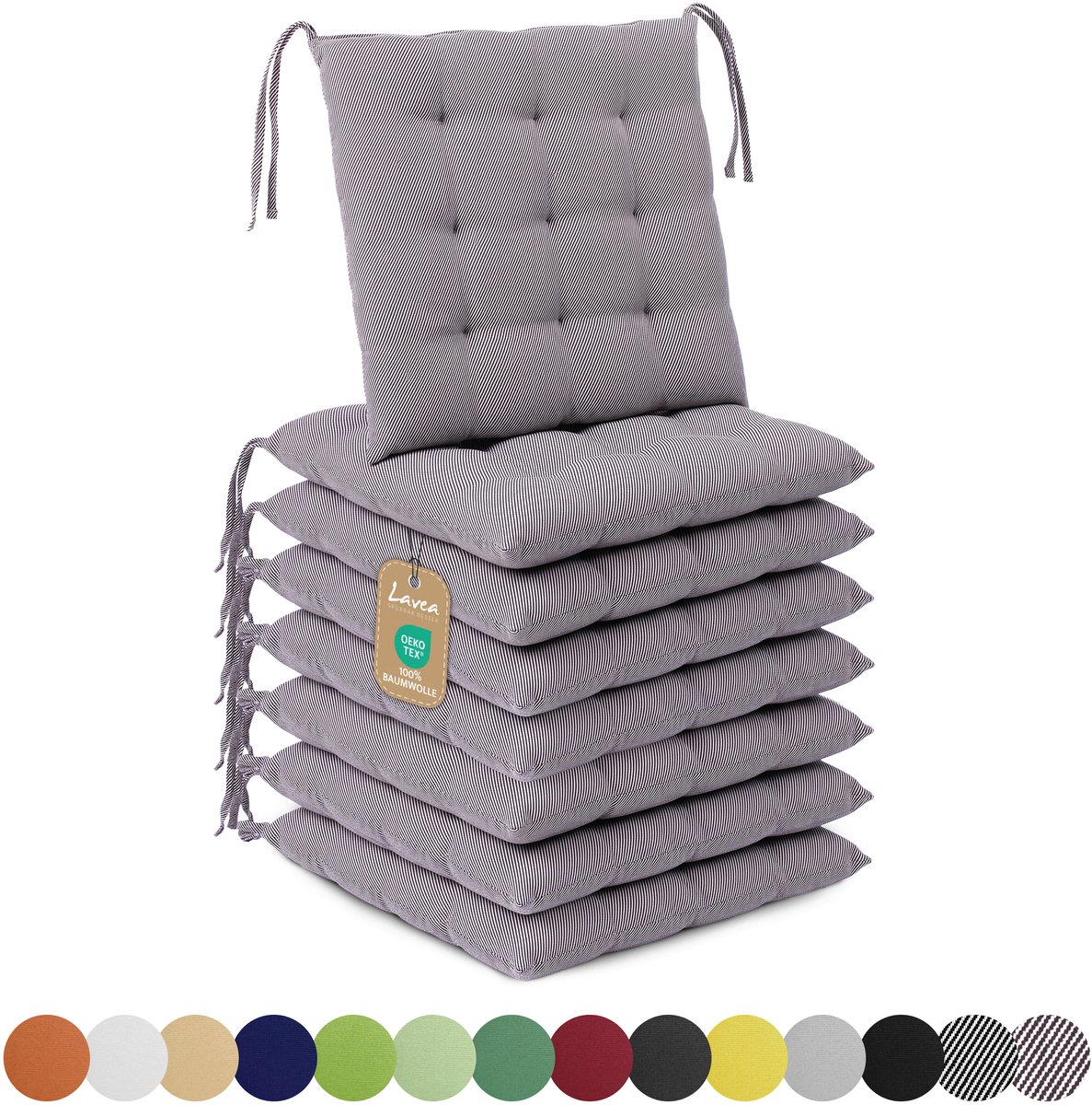 Lavea® Stoelkussens 40x40 cm, Set van 8 – Zitkussen & Stoelpads voor Binnen en Buiten – Comfortabel, Wasbaar en Duurzaam – Antraciet & Wit Gestreept