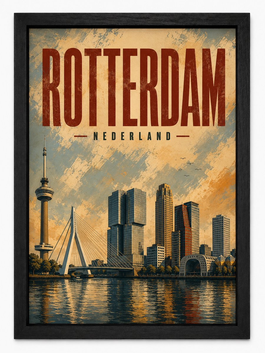 Rotterdam Poster | Skyline Rotterdam | Art Style Wanddecoratie | Inclusief Zwarte A4 Lijst