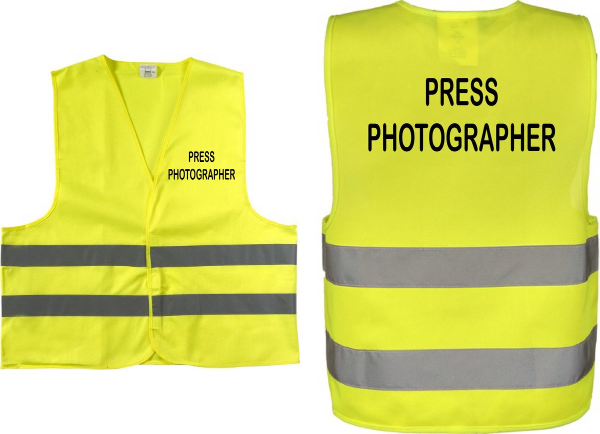 EIZOOK Veiligheidshesje - veiligheidsvest - PRESS PHOTOGRAPHER - BEDRUKT voor en achterzijde Geel - EN ISO20471 -Specialties By Eizook