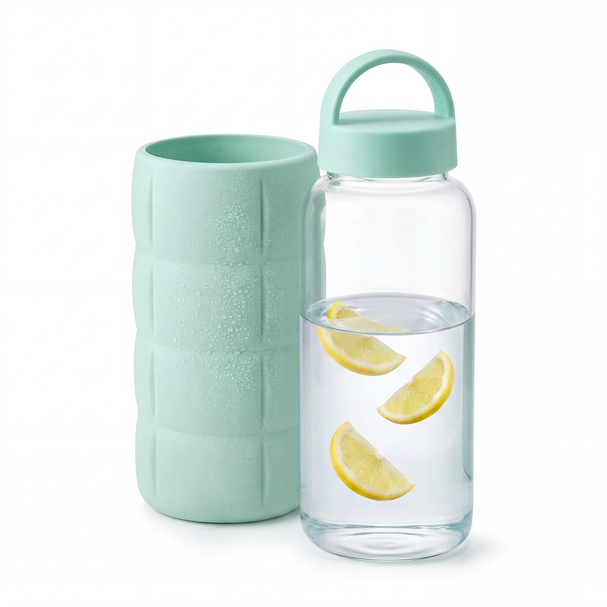 Glazen Waterfles met Siliconen Hoes - Stijlvolle Glazen Bidon 800 ml - Moderne Drinkfles Glas met Puffer Design Beschermlaag - Glass Water Bottle - Drinkfles met Dop - Glazen Drinkflessen - Drinking Bottle - Water Fles Glas - Groen - Löwenthal