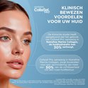 Gezicht van een jonge vrouw met zachte huid, naast tekst over klinisch bewezen voordelen van Nutrafine Marine Collagen voor de huid.