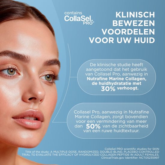 Gezicht van een jonge vrouw met zachte huid, naast tekst over klinisch bewezen voordelen van Nutrafine Marine Collagen voor de huid.