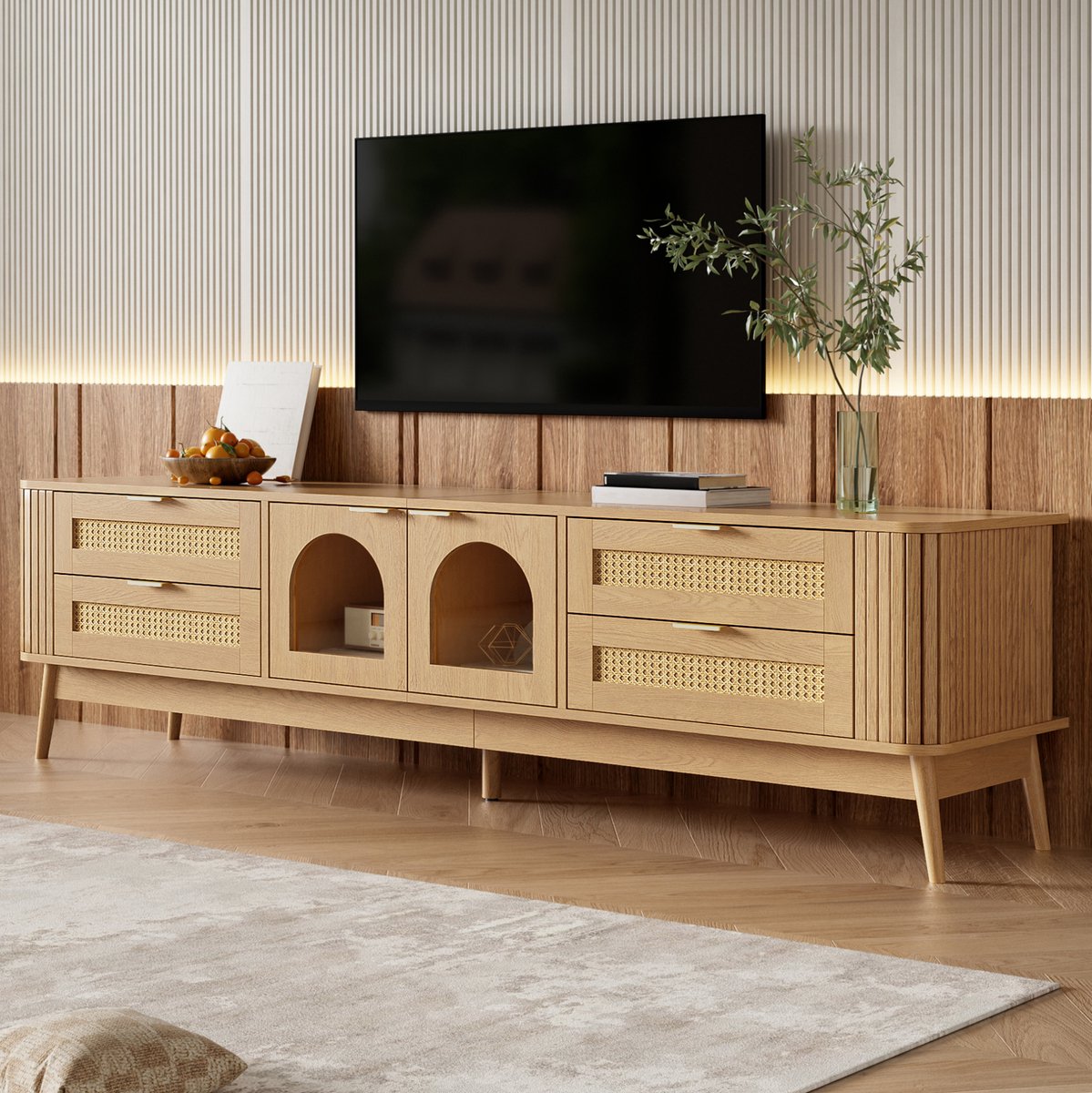 OKWISH Dressoir - Tv-Meubel Met 4 Lades En 2 Glazen Deuren - 180 x 40 x 50 cm - Ledverlichting - Opbergruimte - Spaanplaat Naturel