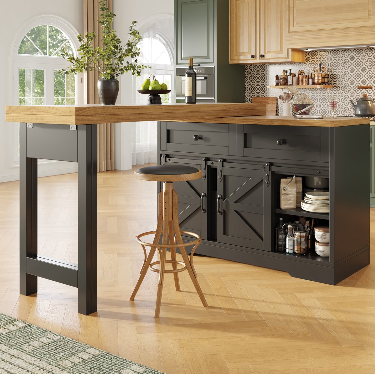 OKWISH Keukenkast - Multifunctioneel Keukeneiland Met Uitschuifbare Eettafel En 360 Graden Draaibare Panelen - MDF Zwart - 120-197x40x72 cm