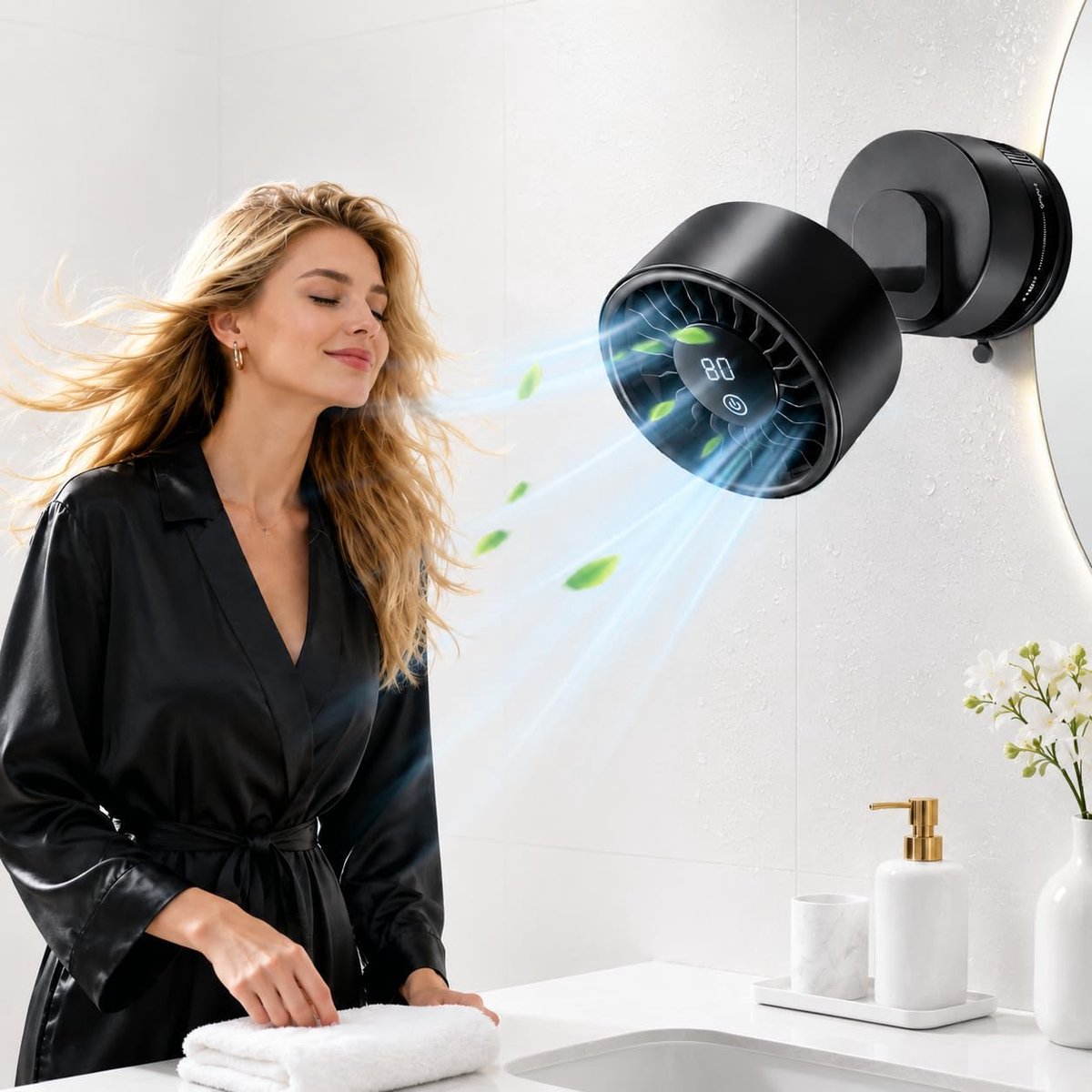 Slaapkamer - Bureauventilator - USB oplaadbaar - Wandmontage - Ventilator met zuignapvoet - Digitaal display - 6 windsnelheden - Stille werking - Zwenkventilator - Verstelbare kantelhoek - Geschikt voor kantoor/camper/keuken/badkamer - Zwart