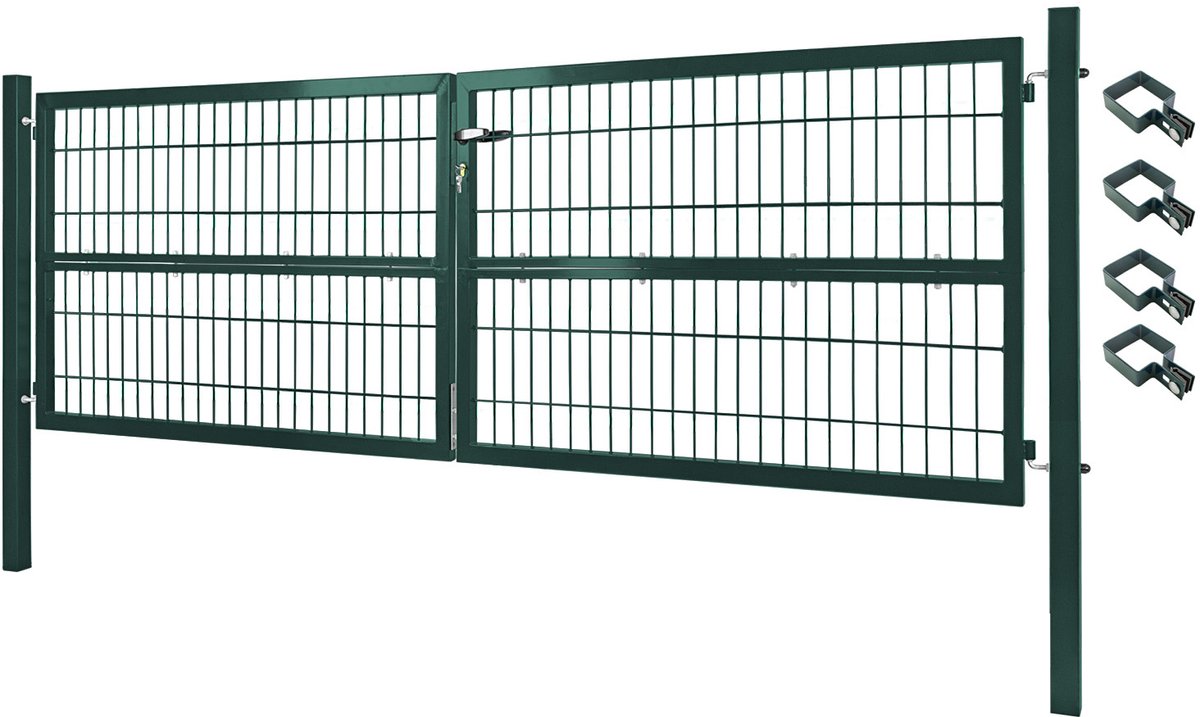 V2Aox Dubbele tuinpoort voor dubbelstaafmathekwerk – 300x100 cm – Afsluitbare metalen poort groen – Inclusief palen