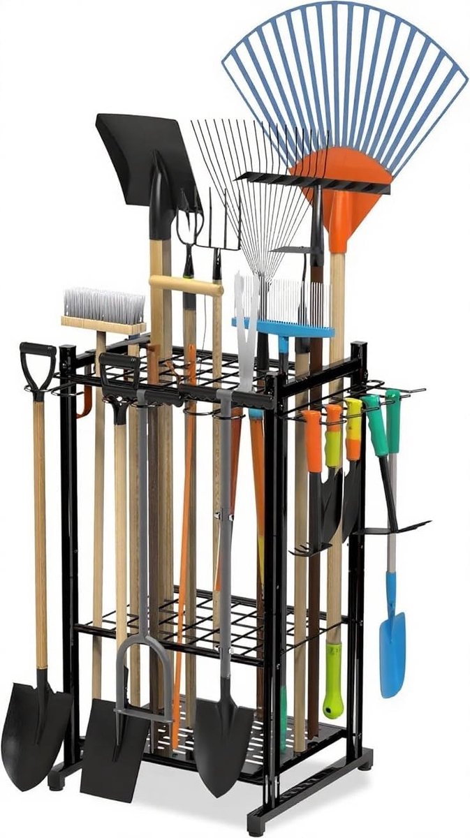 Vrijstaand 3-laags tuingereedschaprek 43 x 39 x 76 cm, opbergrek met speciale sleuven voor lange steelgereedschappen, opbergoplossing voor garage, tuinhuis en gazononderhoud