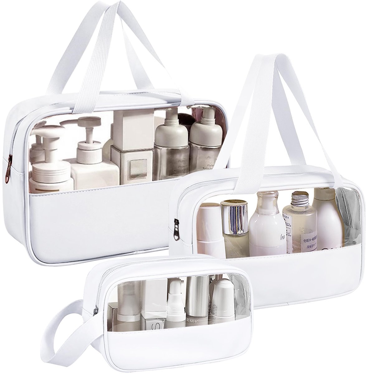 Make-up Tas Dames 3-Delige Set Wit – Transparante Cosmeticatas Set – Waterdichte Toilettas – Grote, Middelgrote en Kleine Reis Organizer – PVC Opbergtassen voor Cosmetica & Toiletartikelen
