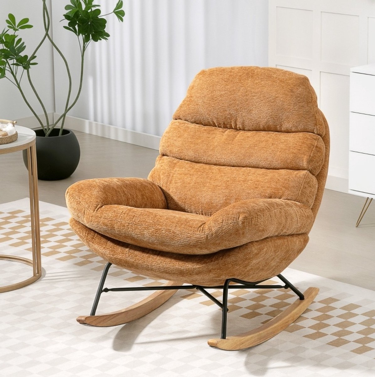 FloraGrace Schommelstoel - 80 x 103 x 91 cm - Dik Gepolsterd Met Armleuningen - Voor Lezen En Ontspannen - Stof En Metaal - Geel