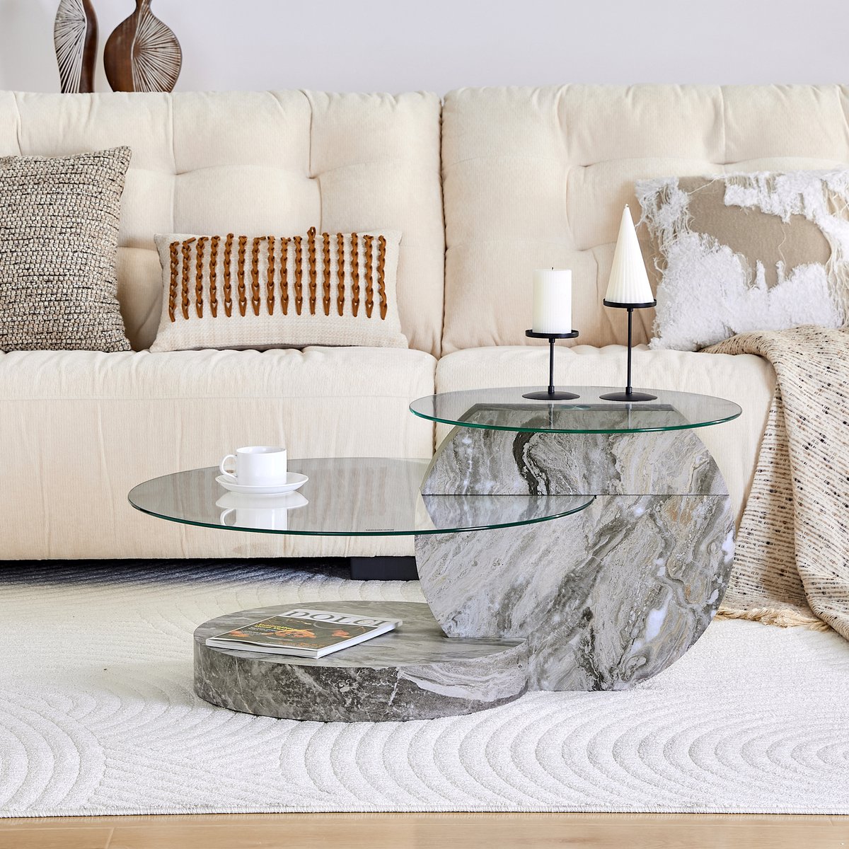 FloraGrace Salontafel - Rond Design Met Twee Niveaus En Veiligheidsglas - Voor Woonkamer - MDF En Glas - 90x70x44 Cm - Grijs Transparant