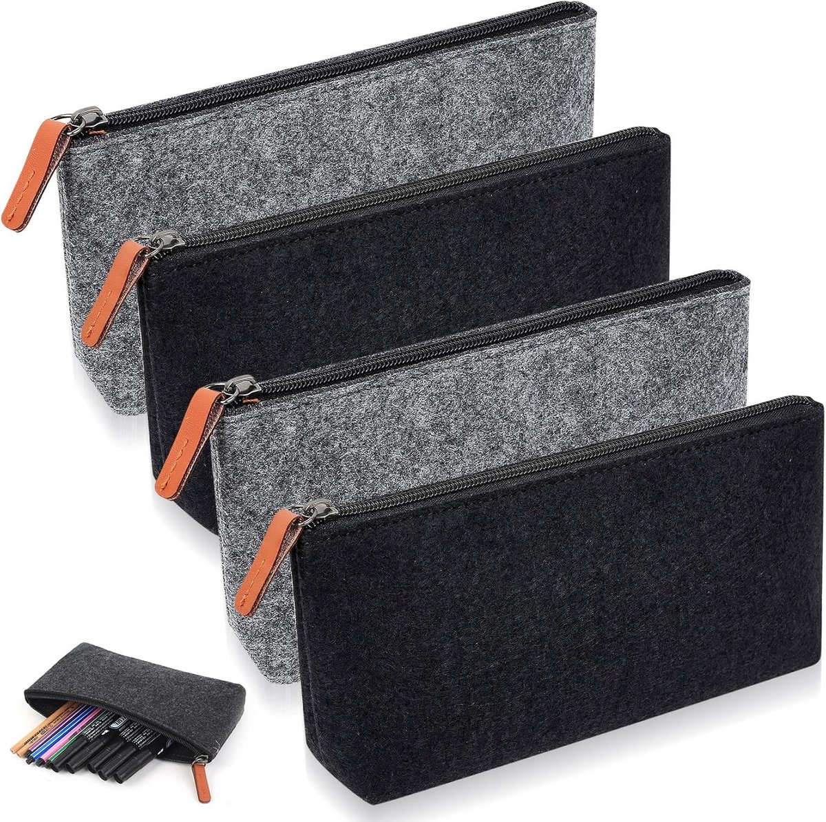 Vilten etui set van 4 voor dames en heren, grijze potloodzakjes en make-up tassen, rits organizer voor cosmetica en schrijfgerei