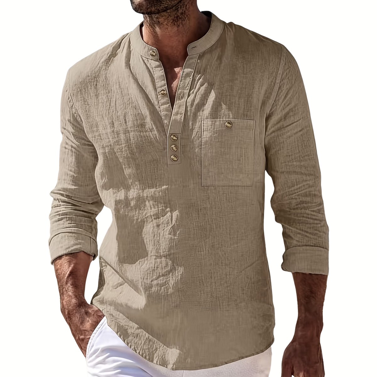 Currero Linnen Blouse Heren T Shirt Polo Overhemd Shirt Zomer Ibiza Stijl Tarwekleurig Tweekleurig