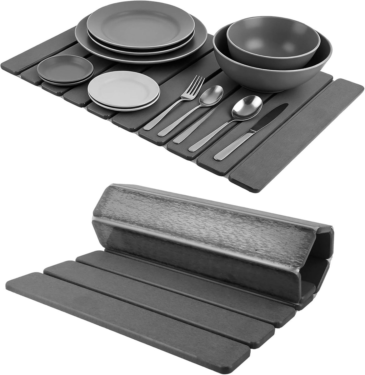 Afdruipmat 60 x 39 cm, opvouwbare sneldrogende mat voor servies, keukenaccessoire in donkergrijs met kiezelkorrels