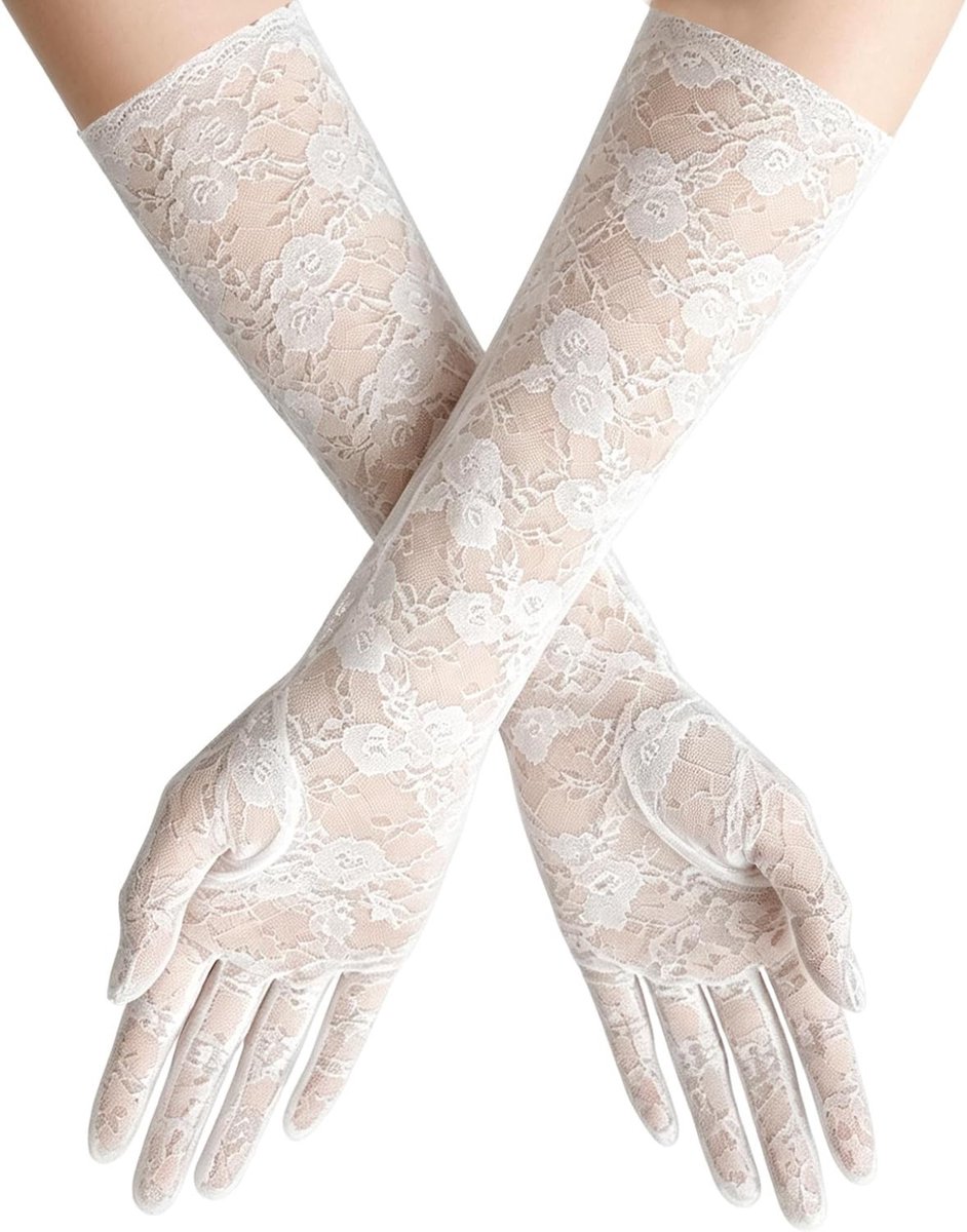 Elegante Witte Kanten Handschoenen voor Vrouwen - Lange Ellebooglengte Bloemhandschoenen voor Bruiloften, Opera en Avondfeesten