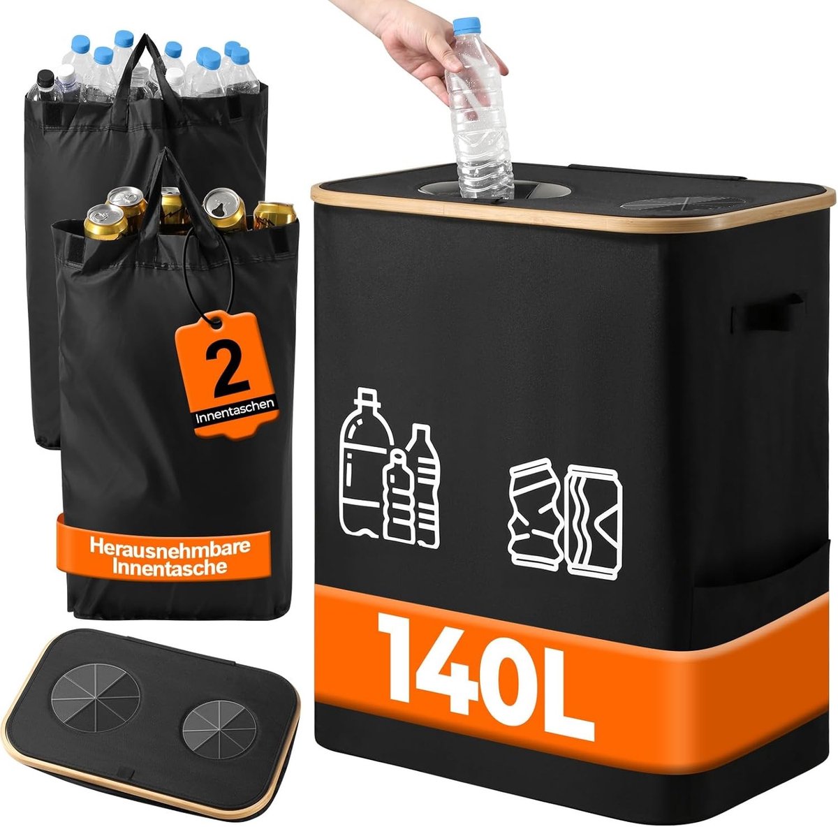 Grote Opruimcontainer voor Flessen met 2 Compartimenten en Vouwbare Zijvak voor Makkelijk Schoonmaken - 140 Liter Opslagoplossing voor Lege Goederen