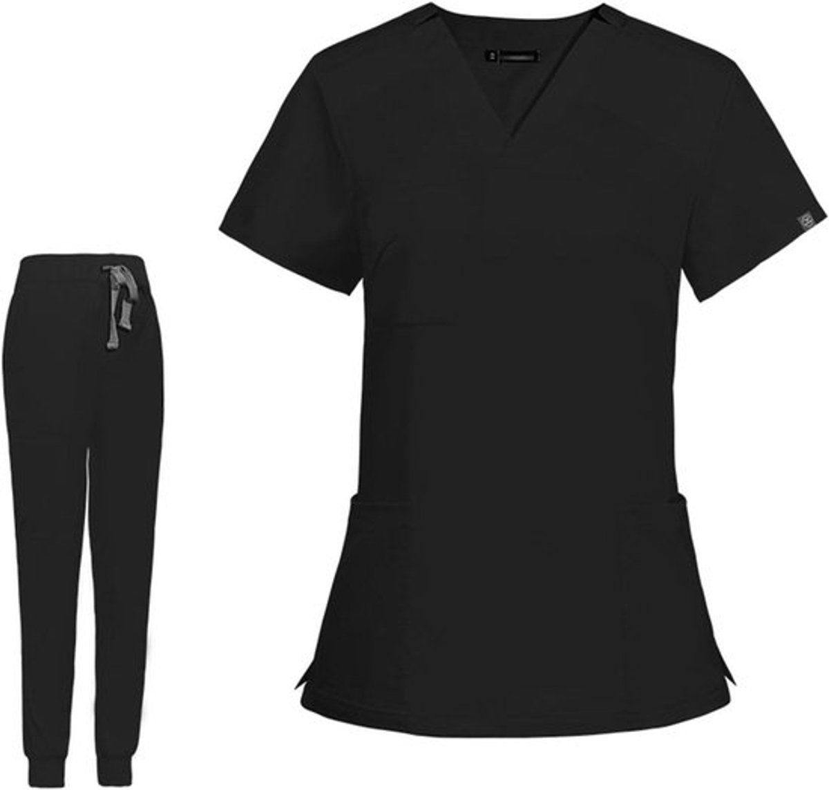 Medische uniform set met V-hals scrubs top met korte mouwen en zakken gecombineerd met zwarte yoga jogger broek in maat XS/S voor comfortabel en functioneel gebruik