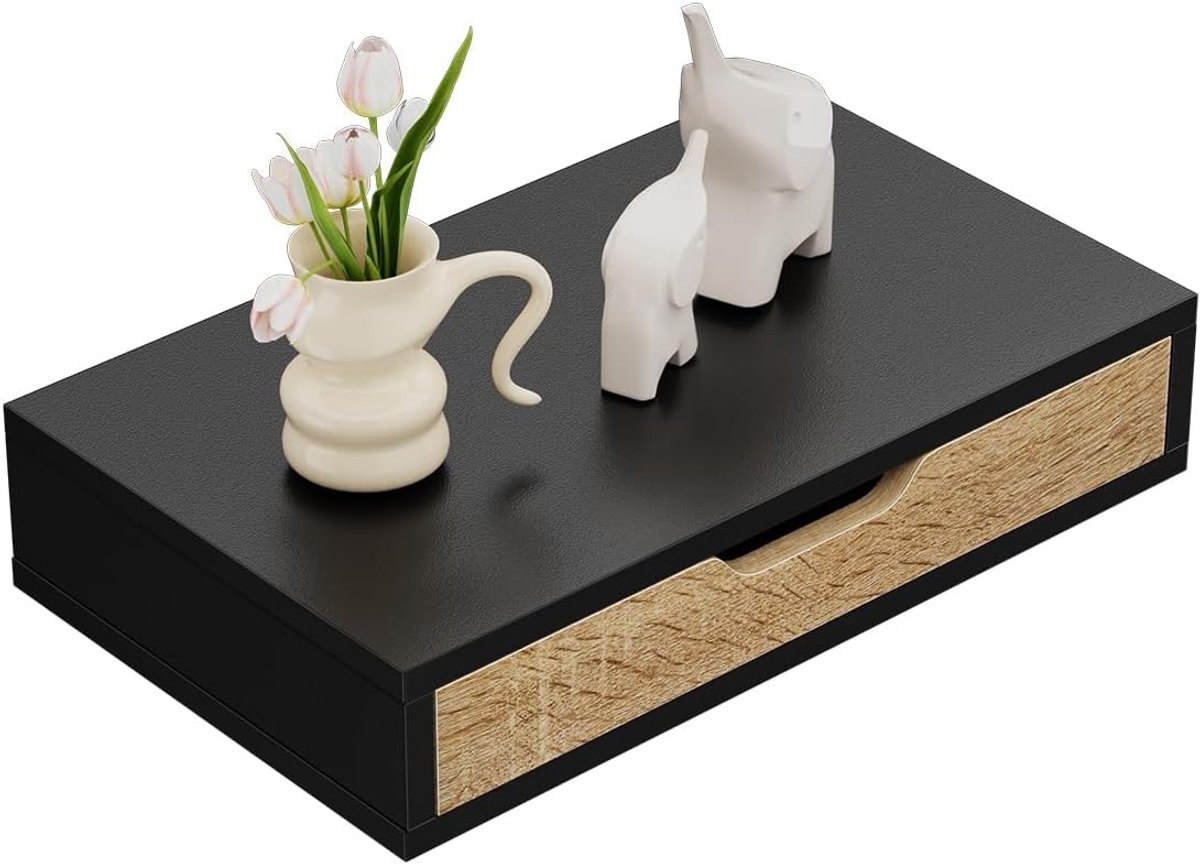 Wandplank met Lade voor Hal, Woonkamer en Slaapkamer - Zwart, 40 x 24 x 8 cm, Ideaal als Opbergruimte en Decoratie