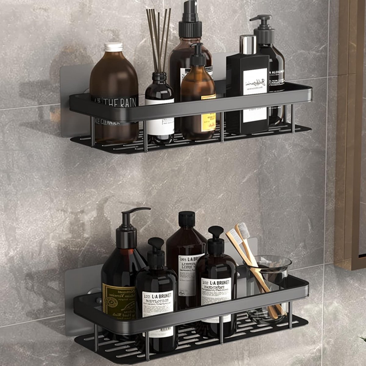 Badkamerplank voor de douche, wandplank zonder boren, opbergmand voor badkameraccessoires, aluminium en roestvrijstalen haken, ruimtebesparend en stijlvol