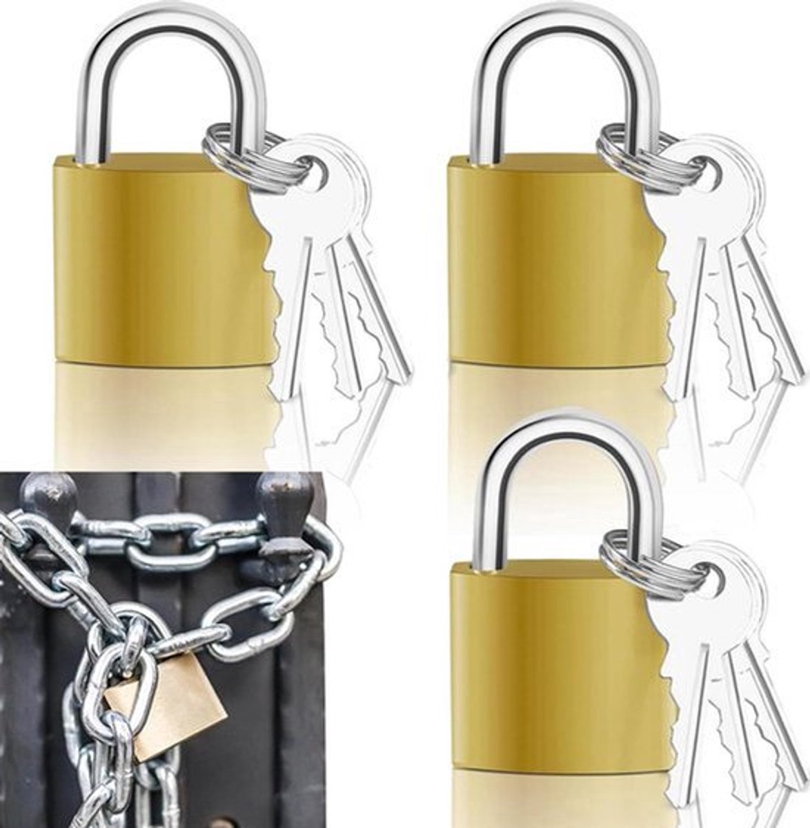 Messing-hangslot met 9 sleutels voor rugzakken en reistassen - ideaal voor gereedschapskisten, keldersloten en koffers - inclusief fitnesskluisjes en fietssloten - 3 stuks (32 x 49 mm)